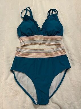 Teal High-Waist Women’s Bikini Set with Multicolor Trim
